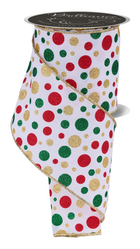Christmas Polka Dot Ribbon. This white polyester ribbon features glittery polka dots in green, gold, and red. Measures 4in x 10yds.