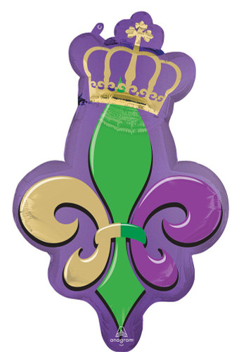 This Majestic Mardi Gras Balloon is shaped like a fleur de lis in purple, green, and gold with a tilting gold crown, all outlined in purple. Balloon is approximately 32 inches after inflation.