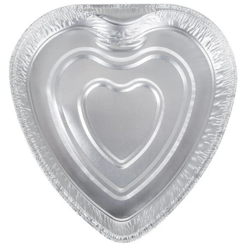 Heart Shaped Foil Pan. With a silver interior and stylish red exterior. Ideal for cakes and brownies. Freezer and oven safe. Measures 9in x 9.5in x 1.5in.