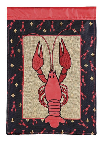 Crawfish Garden Flag. This double sided applique and embroidered polyester fabric flag features a black border with red crawfish and gold fleur de lis around a burlap rectangular center, with a larger red crawfish. Measures 13in x 18in.
