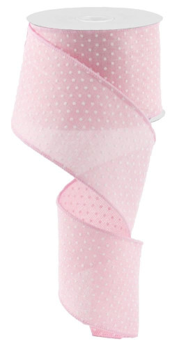 Light Pink Swiss Dot Ribbon. This light pink polyester ribbon features a pattern of raised white dots and matching pink borders. Measures 2.5in x 10yds.