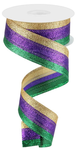 Mardi Gras Shimmer Glitter Ribbon. This shiny polyester ribbon has purple, green, and gold stripes. Measures 1.5in x 10yds.