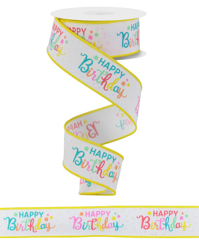 Happy Birthday Pastel Script Ribbon. This white polyester ribbon features “HAPPY Birthday” in multicolor pastel capital letters and script with dots of white glitter and yellow borders. Measures 1.5in x 10yds.