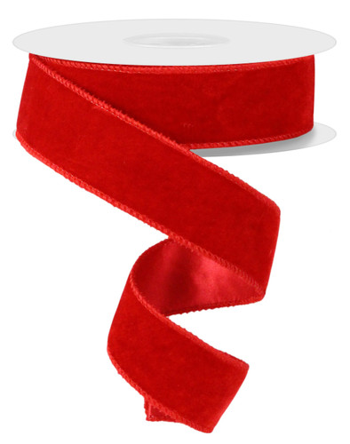 Red Velvet/Satin Ribbon. This red polyester ribbon has a soft velvet texture and a satin backing. Measures 1.5in x 10yds.