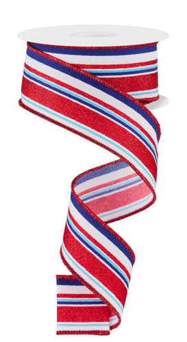 Red White & Blue Vertical Stripe Ribbon. This polyester ribbon features dark blue, light blue, white, and glitter red stripes. Measures 1.5in x 10yds.