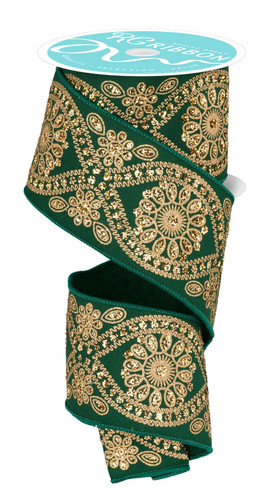 Deluxe Green & Gold Wavy Floral Ribbon. This dark green polyester ribbon features an intricate design of shimmery gold with matching green borders. Measures 2.5in x 10yds.