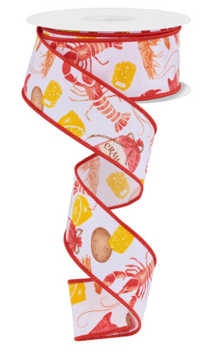 Crawfish Boil Ribbon. This white polyester ribbon has a pattern of crawfish, shrimp, potatoes, corn, and lemons with red borders. Measures 1.5in x 10yds.