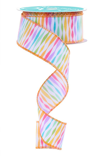 Rainbow Twisted Stripe Pastel Ribbon. This white polyester ribbon features a print of multicolor pastel stripes with a touch of glitter and orange borders. Measures 1.5in x 10yds.