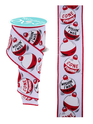 Fishing Bobbers Ribbon. This white polyester ribbon features a pattern of red and white fishing bobbers, some with sayings such as "GONE FISHING" and "WISHIN' I WAS FISHIN'" with red borders. Measures 2.5in x 10yd.