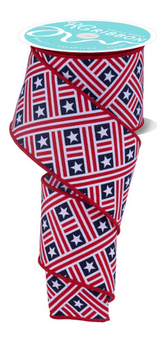 Red White & Blue Stars & Stripes Ribbon. This polyester ribbon features a print of red and white stripes in a basket weave pattern with fields of navy blue in between with a white star, along with red borders. Measures 2.5in x 10yds.