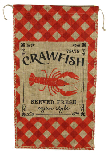 Burlap Crawfish Sack. This burlap sack features a red gingham print with a crawfish in a frilly black frame. "CRAWFISH" is in big black text with "75 cents/lb" and "SERVED FRESH cajun style" also on display. Includes a drawstring closure. Measures 28in x 16in.