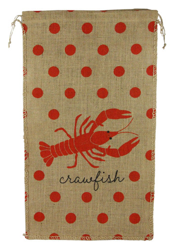 Burlap Crawfish Sack with Dots. This burlap sack features a red dotted print with a crawfish and "crawfish" in black script underneath. Includes a drawstring closure. Measures 28in x 16in.