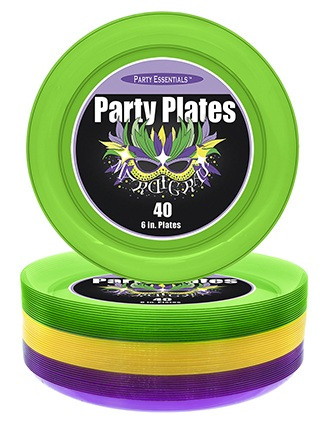 Mardi Gras Color Plastic Dessert Plates. These small round plates are in translucent purple, green, and yellow. Package includes 40 count 6in plates.