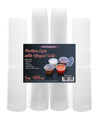 Hinged Lid Portion Cups. These little plastic cups feature an attached hinged lid and are great for condiments, snacks, samples, and jello shots. Package includes 100 count 1oz cups, 1.38in tall.