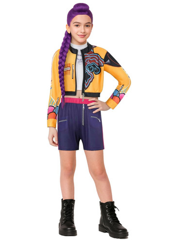 K Pop Hunter Singer Girls Costume. This polyester costume includes a yellow jacket, white top, and purple shorts, all with printed details such as pockets and zippers. Boots and wig not included. Available in child sizes 4 - 5, 6X, 8, 9 - 10, and 11 - 12.
