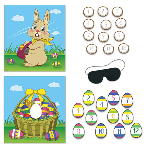 Easter Party Games. This kit includes the sheet, cutout markers, and blind fold to play Pin the Tail on the Bunny as well as Put the Egg in the Basket. Package includes game sheet, blindfold mask, 12 numbered egg cutouts, and 12 numbered tail cutouts.