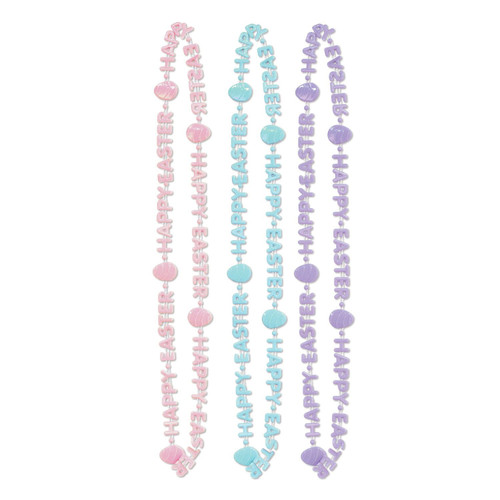 Easter Bead Necklaces. This set includes a pink, a seafoam blue, and a lavender strand of letter beads that spell "HAPPY EASTER" with easter egg shaped spacers in between the repeating phrase. Package includes 3 count necklaces, measuring 33in. One size fits most.