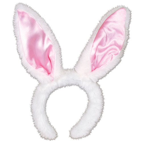 Plush Satin Bunny Ears. This plush faux fur covered headband features attached plush white ears with satin pink centers. One size fits most.