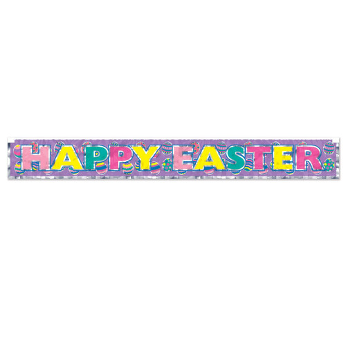 Metallic Happy Easter Fringe Banner. This lavender 1 ply fringe foil with a silver border and a background of colorful Easter eggs spells out HAPPY EASTER in multicolor letters with silver outlines. Measures 7.5in x 5ft.