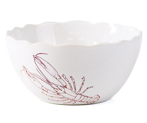 Crawfish Feast Bowl. This white dolomite bowl has a scalloped rim and a print of a red outlined crawfish on two sides. Measures 8in diameter x 4in tall.