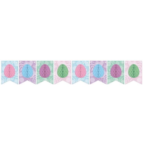 Easter Egg Tissue Streamer. These colorful printed cardstock pennants feature tissue paper honeycomb Easter eggs. Assembly required. Measures 7in x 6ft.