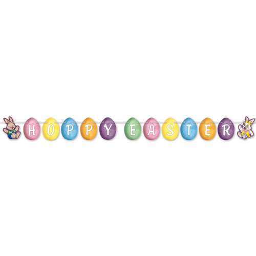 Hoppy Easter Streamer. These colorful printed cardstock egg shaped cutouts spell out "HOPPY EASTER" in white letters, with bunny cutouts on the ends. The underside has no text. Assembly required. Measures 6.25in x 8ft.