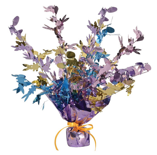 Bunny & Egg Gleam N Burst Centerpiece. With a lavender foil base, this centerpiece has foil sprays of bunnies and eggs in lavender, gold, and blue. Measures 15in.