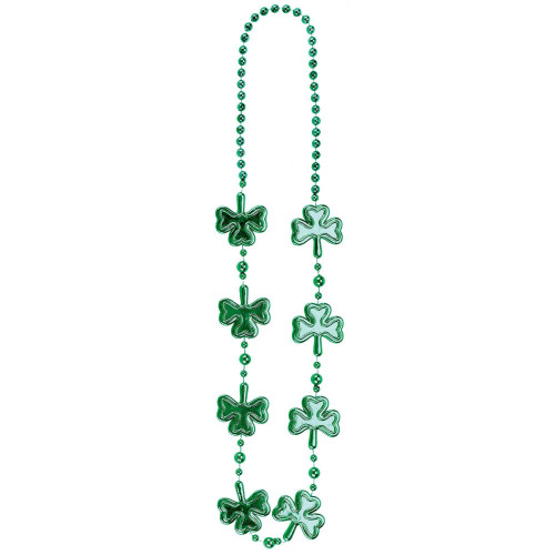Electroplated Shamrock Bead Necklace. This necklace features metallic green beads with matching 3-leaf shamrock shapes. One size fits most. Package includes 1 count necklace measuring 36in.