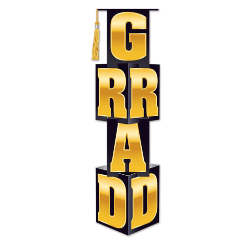 Grad Column. These four individual sections of black cardstock have printed gold letters that feature "GRAD," and can be locked together to create a column, with a yellow tassel at the top. Assembly required. Measures 3ft 9in x 12in when assembled.