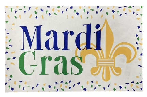 Mardi Gras Doormat. This thin doormat with a brown fabric non-slip underside features a white background with "Mardi Gras" in purple and green text next to a gold fleur de lis, and a border decorated in purple, green, and gold confetti. Measures 20in x 32in.