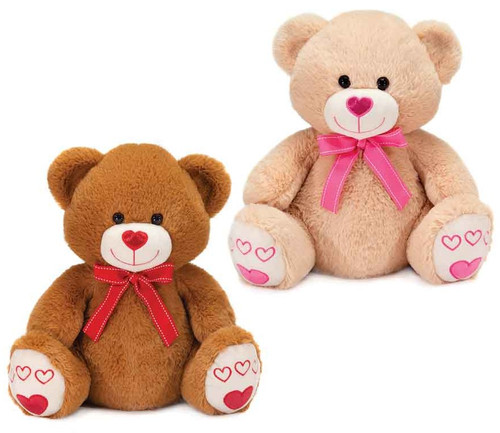 Plush Bear with Ribbon. Available in cream with pink details or brown with red details, this soft plush bear features a ribbon and heart shaped noses and paw pads on its feet. Desired color not guaranteed. Measures about 13in tall.