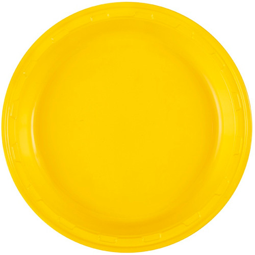 Sunflower Yellow Plastic Dinner Plates. These sturdy round plastic plates feature a deep yellow color. Package includes 50 count 9.75in plates.