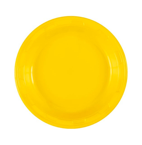 Sunflower Yellow Plastic Dessert Plates. These sturdy round plastic plates feature a deep yellow color. Package includes 50 count 6.75in plates.