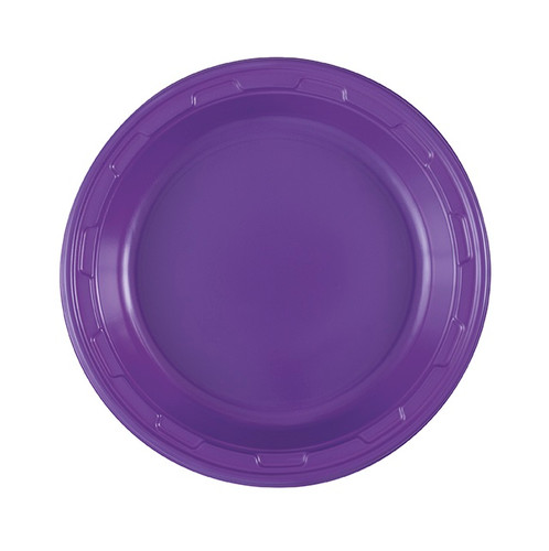 Neon Purple Plastic Dessert Plates! These sturdy round plastic plates feature a purple color. Package includes 50 count 6.75in plates.