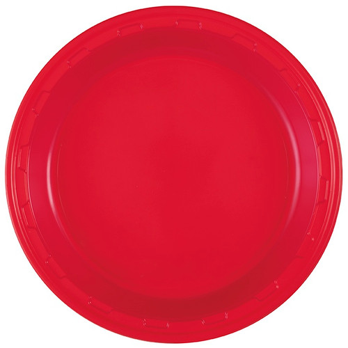 Bright Red Plastic Dinner Plates. These sturdy round plastic plates feature a bright red color. Package includes 50 count 10in plates.