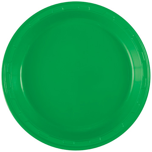 Bright Green Plastic Dinner Plates. These sturdy round plastic plates feature a bright green color. Package includes 50 count 9.75in plates.