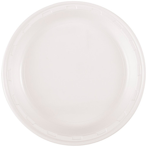 White Plastic Dinner Plates. These sturdy round plastic plates feature a plain white color. Package includes 50 count 9.75in plates.