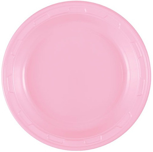 Lovely Pink Plastic Dinner Plates. These sturdy round plastic plates feature a light pink color. Package includes 50 count 10in plates.