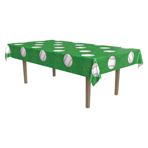Baseball Plastic Tablecover. This rectangular plastic tablecover features a print of green grass with a pattern of classic white baseballs with red lace. Measures 54in x 108in.