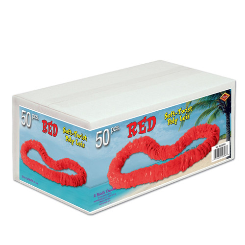 Box of Leis. These red soft-twist poly leis are perfect for decorating and luau games. Package includes 50 count 36in leis.