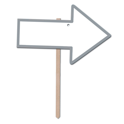 Blank Arrow Yard Sign. This printed cardstock sign features a blank white arrow with a silver border, pointing to the left or right depending on which side is facing out. Printed on both sides. Includes 24in pine stake. Measures 9.75in x 15.25in.