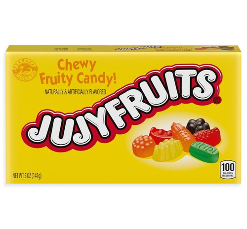 Jujy Fruits Theater Box. This box is packed with fruit and veggie shaped candies in the classic flavors lemon, lime, orange, raspberry, and licorice. Flavor is signified by color and not shape. Net WT 5 oz.