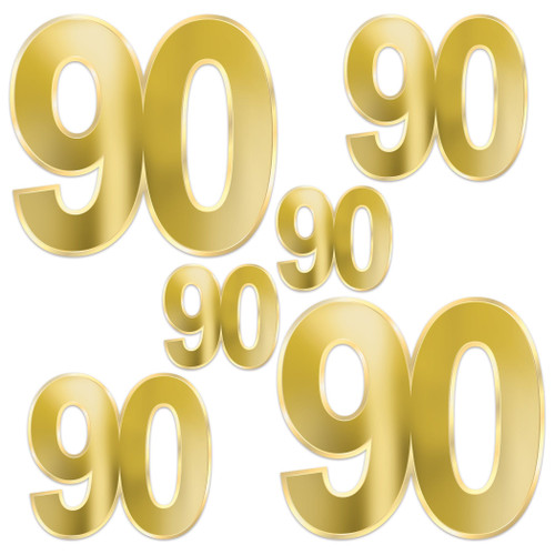 Foil 90th Birthday Cutouts. These cardstock cutouts feature assorted size metallic gold number 90s. Package includes 6 count 4.75in to 12in cutouts.