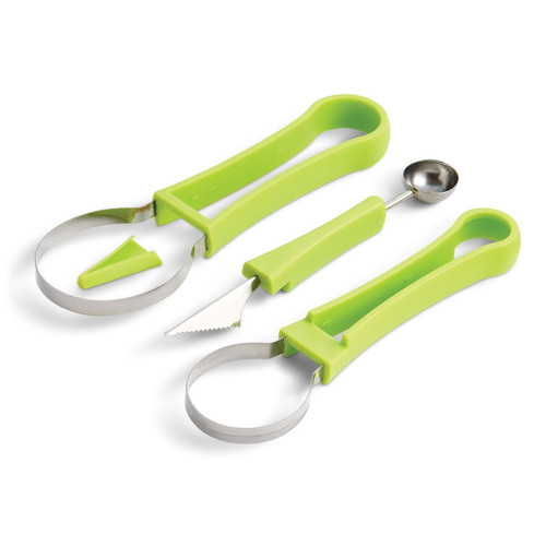 This stainless steel and bright green plastic 4 in 1 Fruit Tool Set includes a scoop and scrapers, perfect for scooping seeds and carving designs into fruits. This set includes 2 loop sizes for scraping seeds, a pointed blade with safety cover for carving, and a scoop to make 1in melon balls. Measures 8.5in x 2.5in when together for storage.