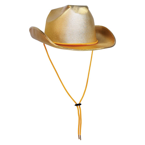 Theatrical Gold Cowboy Hat. This cowboy hat features a gold design with a deep yellow string neck cord. One size fits most.
