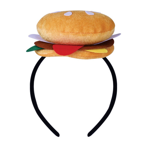 Hamburger Headband. This black headband has an attached plush burger buns with thin felt sesame seeds, patties, cheese, and other inner pieces. One size fits most.