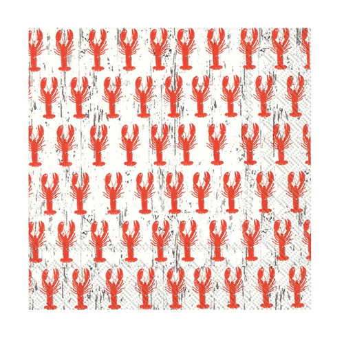 Lobster Beverage Napkins. These small, 3-ply paper napkins feature a pattern of tiny red lobsters on a background of white distressed wood. Package includes 20 count napkins measuring 5in x 5in when folded.