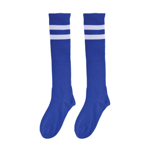 Striped Blue Knee Socks. These polyester socks feature a solid blue color with two white stripes near the top. Package includes 1 count pair of socks. One size fits most.