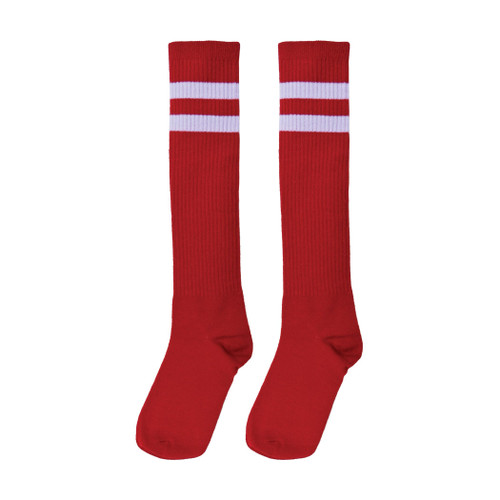 Striped Red Knee Socks. These polyester socks feature a solid red color with two white stripes near the top. Package includes 1 count pair of socks. One size fits most.