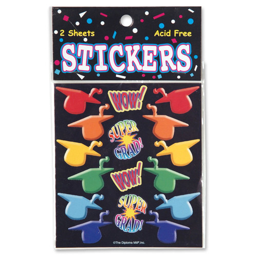 Super Grad Graduation Stickers. These sheets of stickers include multicolor grad caps and text "WOW!" and "SUPER GRAD!" Package includes 2 count sheets measuring 4in x 4.5in.
